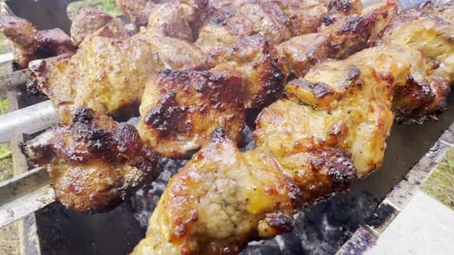 Braten eines saftigen Schweinekebabs auf dem Grill Shish Kebab aus verarbeitetem Fleisch mit Zwiebeln