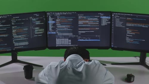 Back View Of Tired Man Sleeping While Write Code With Multiple Computer Screens In Green Screen