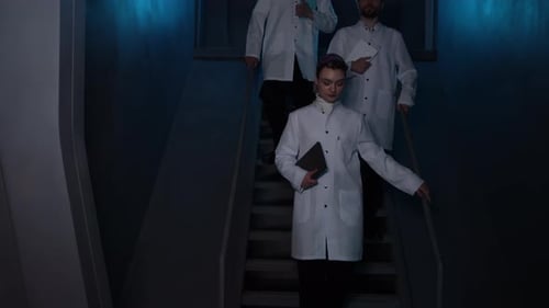 Scientists Walking Down Stairs in Industrial Building