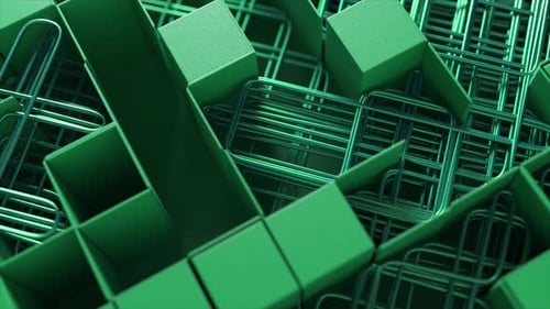 Laberinto 3D de cubos y cuadrículas púrpuras entrelazados proyectados en una luz verde monocromática
