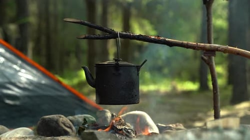 A Tourist Kettle Boils Over An Open Fire In The Forest