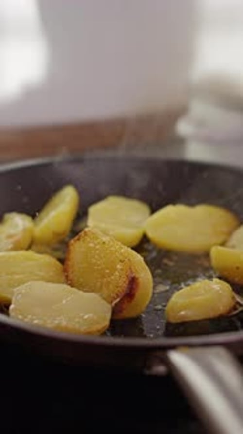 Potatoes Sizzling Energetically Crispy Spuds Cook Vigorously On Stove Fresh Tubers Fry Amidst Lively