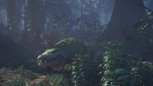 Crocodile se reposant dans la forêt tropicale dense sous une lumière douce