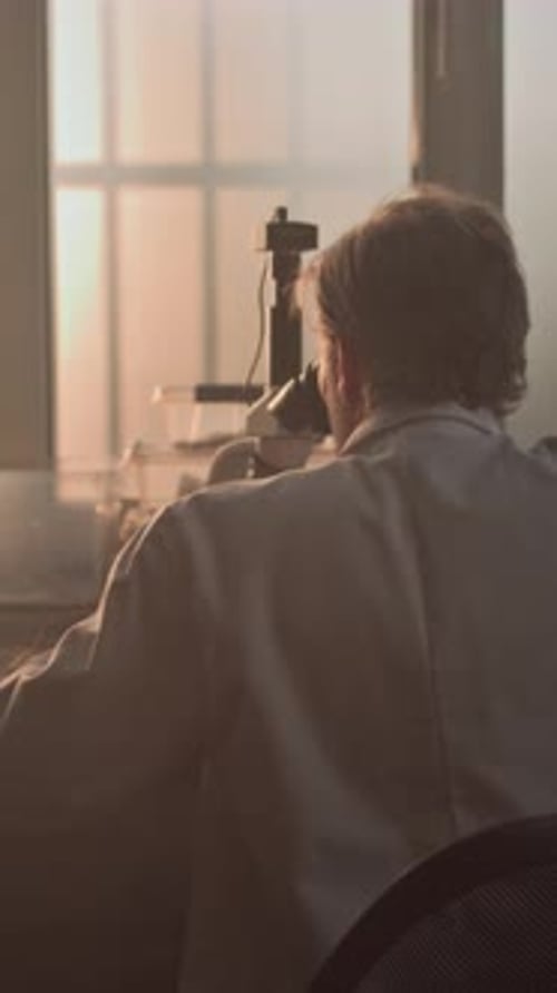 Microbiólogo maduro conduz análise de fósseis usando microscópio em laboratório arqueológico