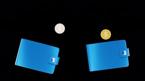 Coins fly from wallet to wallet Animation on a transparent background. Money transfer. Income. Budge