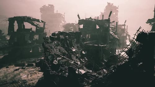 Destruction of Urban Landscape After Disaster with Remnants of Buildings