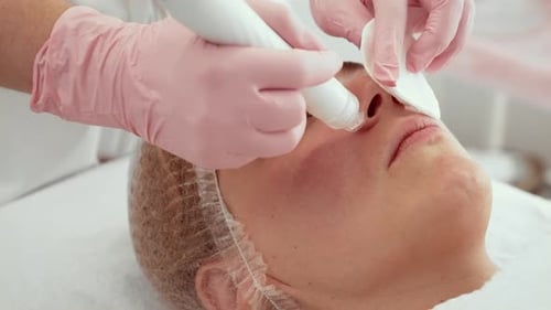 Beautician Woman Using Vacuum Facial Cleanser at Aesthetic Center Patient Receiving Professional