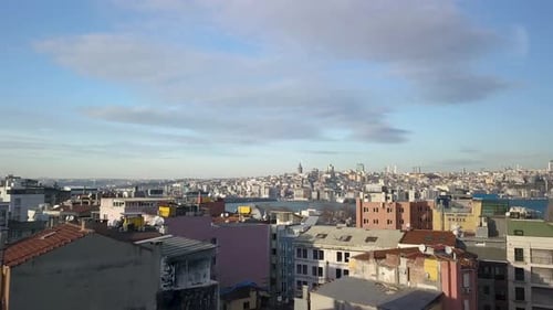 Istanbul, Turkey, Flying Above Residential Buildings Toward Bosporus, Aerial Cityscape View