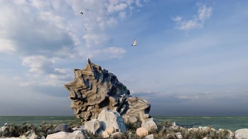 The Ocean And The Ruined Statue On The Island