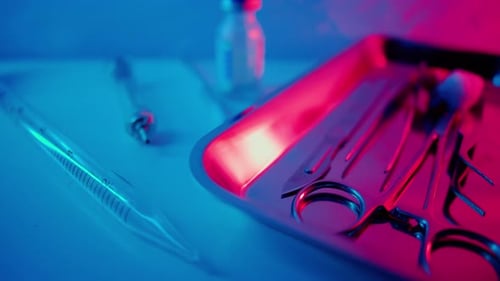 Medical and Dental Instruments in Red and Blue Light