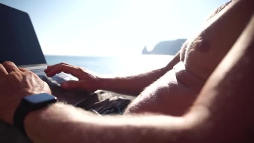 Man Laptop Sea Working Remotely on Seashore Happy Successful Man Male Freelancer Working on Laptop