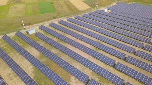 Aerial View of Solar Power Plant Electric Panels for Producing Clean Ecologic Energy