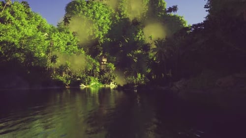Panoramic View of River at Dusk with Glowing Horizons and Peaceful Surroundings
