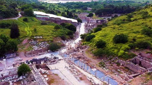 Stunning long aerial shot of the ancient city of Ephesus in Turkey