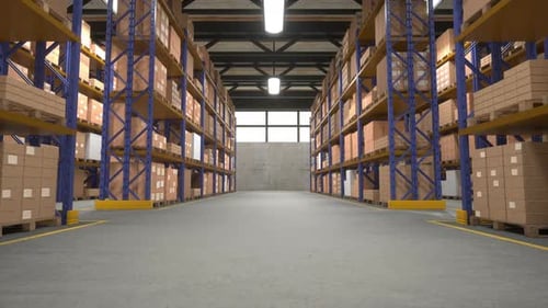 Entrepôt vide avec boîtes sur étagères