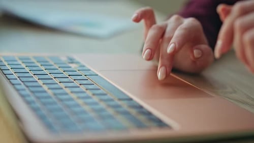 Fingers Scrolling Laptop Touchpad in Office Closeup Freelancer Browse Computer