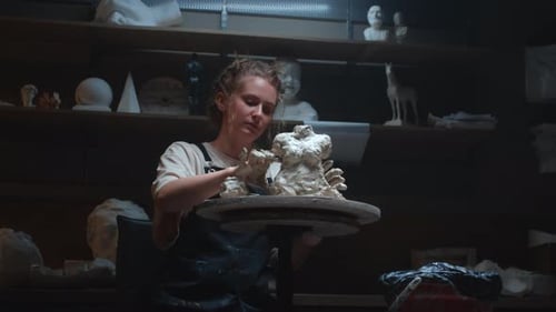 Woman Sculpting Art in Studio