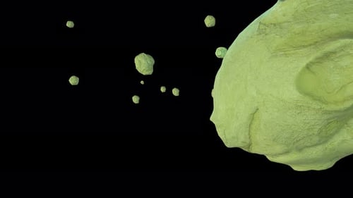 Computergrafik von fliegenden und rotierenden Meteoritensteinen auf schwarzem Hintergrund