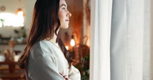 Thinking, window and woman in house, relax and happiness with thoughts, curtains