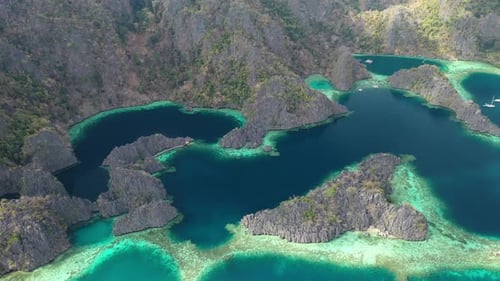 Drone Aerial View of Majestic Twin Lagoon on Coron Island, Palawan Archipelago, Philippines