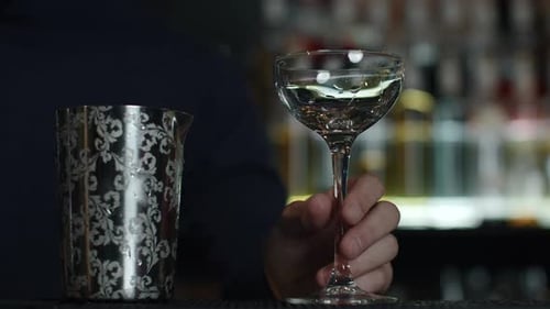 Close Up of a Bartender Putting Ice Cubes Into the Small Empty Cocktail Glass Media Details of