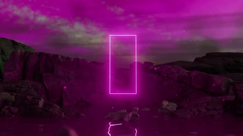 Glowing rectangular portal appearing on rocky coast at night