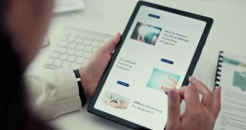 Hands, tablet and person with scroll, education or search for online course