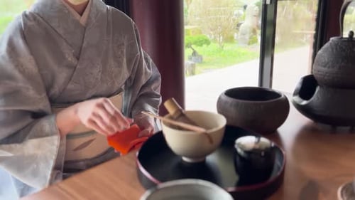 Traditional Japanese Matcha Green Tea Ceremony Cleansing of the Tools