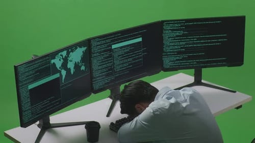 Tired Asian Man Developer Sleeping While Write Code With Multiple Computer Screens In Green Screen