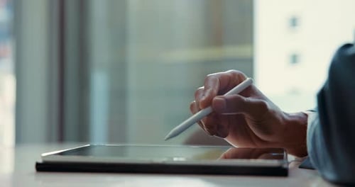 Pen, tablet and hands of business people in office for website, research and online project