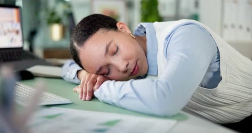 Business, woman or sleeping in office with fatigue, burnout or overworked in finance company