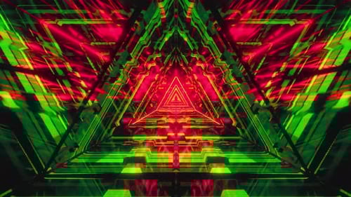 Abstract vibrant symmetrical art digital design green red triangle pattern neon glow kaleidoscope fr