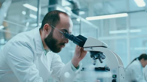 Man Using Microscope in Brightly Lit Lab