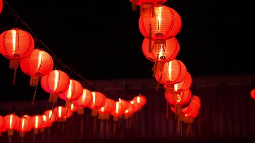 Red Chinese Lanterns Glow at Nighttime