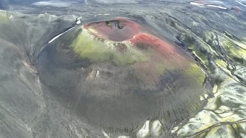Aerial view of a colorful crater in Rangarbing ytra, Iceland.