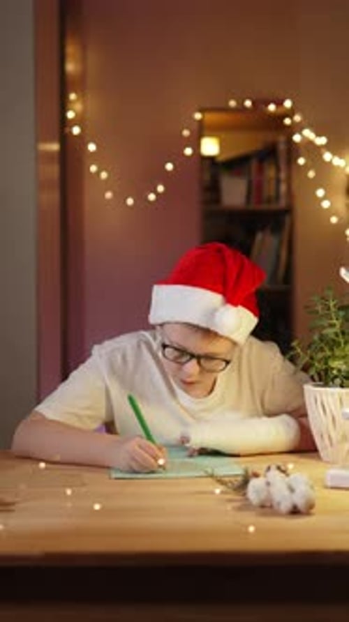 Vertical Video of Child Writing Letter to Santa with Cast on Arm