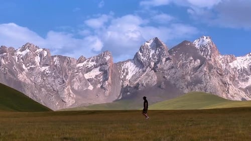 Lone person walking in a grassy field with majestic mountains