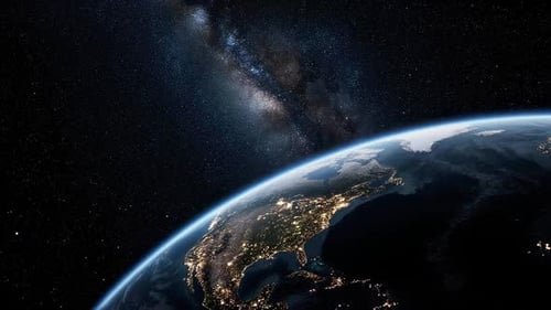 Beautiful View of Earth from Space with Glowing City Lights and Milky Way Galaxy