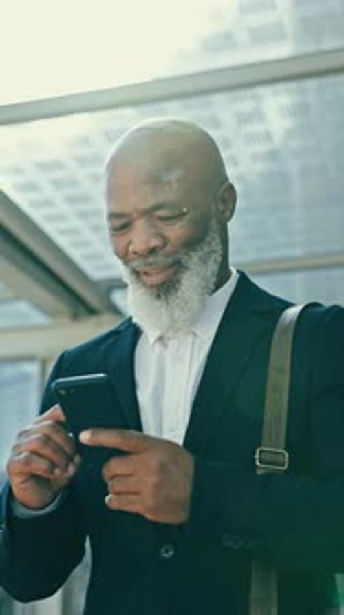 Happy, businessman and reading with phone or walking in office, building