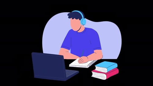 Flat Design Animation of Student Studying with Laptop and Books