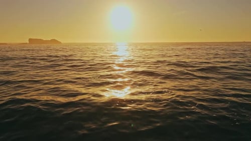 Soar above the expansive ocean as the setting sun casts a golden glow across the water.