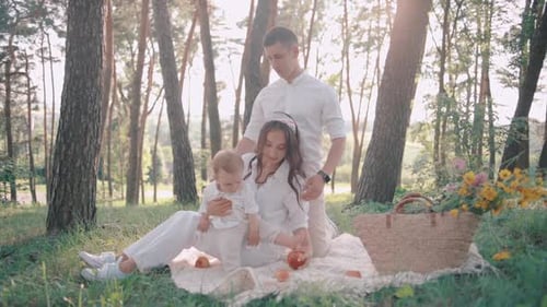 Happy man and woman spending weekend with child in park