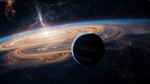 Futuristic Planet Orbits Glowing Swirling Nebula in Deep Space