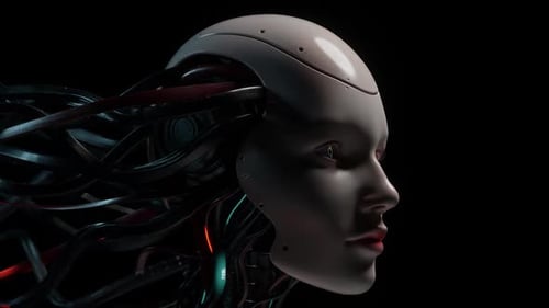 Cybernetic Woman’s Face with Intricate Wiring. Android Portrait: Beauty and Artificiality Combined