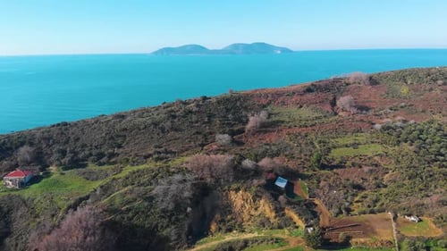 Porto Novo Beach Zvernec Vlore Albania Aerial Drone View of the Rocky Coastline