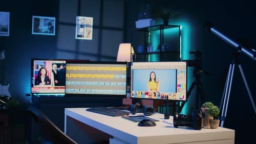 Photo Retouching Software Interface on Computer in Empty Freelancing Apartment Studio