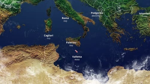 Animated World Map Zooming to Valletta Malta Location Pin