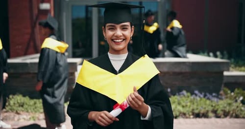 Face, happy woman or college graduation certificate on campus in university for studying