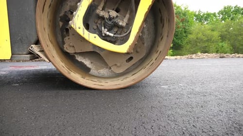 Compactor Constructing Highway Steamroller Slowly Ride Roadway Repair By Heavy Machinery Roller
