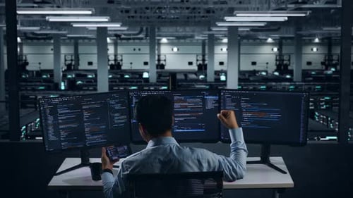 Happy Asian Man Developer Looking At Code On Mobile Phone While Write Code In Data Center